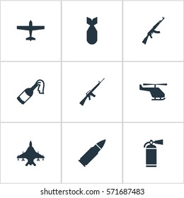 Set Of 9 Simple Battle Icons. Can Be Found Such Elements As Kalashnikov, Rifle Gun, Air Bomber And Other.