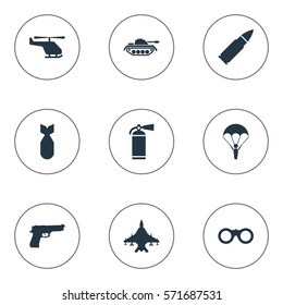 Set Of 9 Simple Battle Icons. Can Be Found Such Elements As Nuke, Field Glasses, Ammunition And Other.
