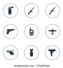 Set Of 9 Simple Battle Icons. Can Be Found Such Elements As Pistol, Extinguisher, Helicopter And Other.