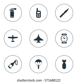Set Of 9 Simple Battle Icons. Can Be Found Such Elements As Cold Weapon, Extinguisher, Air Bomber And Other.