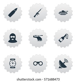 Set Of 9 Simple Battle Icons. Can Be Found Such Elements As Rifle Gun, Molotov, Ammunition And Other.