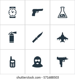 Set Of 9 Simple Battle Icons. Can Be Found Such Elements As Sky Force, Watch, Chemistry And Other.