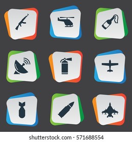 Set Of 9 Simple Battle Icons. Can Be Found Such Elements As Nuke, Sky Force, Extinguisher And Other.