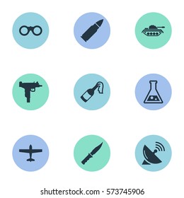 Set Of 9 Simple Battle Icons. Can Be Found Such Elements As Ammunition, Air Bomber, Cold Weapon And Other.