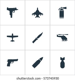 Set Of 9 Simple Battle Icons. Can Be Found Such Elements As Sky Force, Cold Weapon, Nuke And Other.