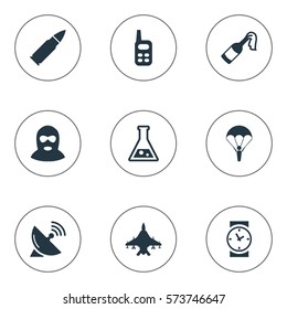 Set Of 9 Simple Battle Icons. Can Be Found Such Elements As Ammunition, Paratrooper, Sky Force And Other.