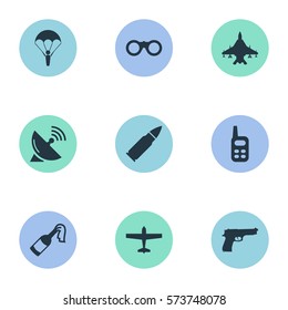 Set Of 9 Simple Battle Icons. Can Be Found Such Elements As Paratrooper, Pistol, Field Glasses And Other.