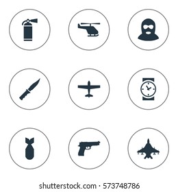Set Of 9 Simple Battle Icons. Can Be Found Such Elements As Terrorist, Watch, Sky Force And Other.