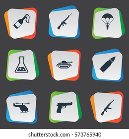 Set Of 9 Simple Battle Icons. Can Be Found Such Elements As Molotov, Helicopter, Pistol And Other.