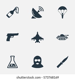 Set Of 9 Simple Battle Icons. Can Be Found Such Elements As Paratrooper, Heavy Weapon, Sky Force And Other.