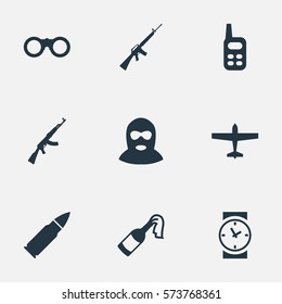 Set Of 9 Simple Battle Icons. Can Be Found Such Elements As Field Glasses, Watch, Air Bomber And Other.