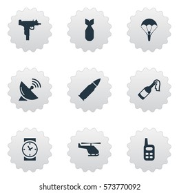 Set Of 9 Simple Battle Icons. Can Be Found Such Elements As Molotov, Signal Receiver, Watch And Other.