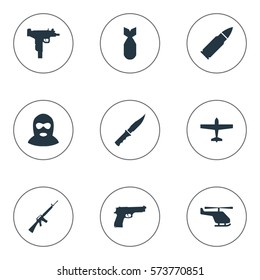 Set Of 9 Simple Battle Icons. Can Be Found Such Elements As Helicopter, Nuke, Terrorist And Other.