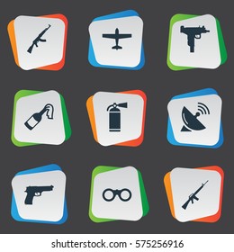 Set Of 9 Simple Battle Icons. Can Be Found Such Elements As Air Bomber, Pistol, Molotov And Other. Set Of 9 Simple Battle Icons. Can Be Found Such Elements As Air Bomber, Pistol, Molotov And Other.
