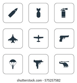 Set Of 9 Simple Battle Icons. Can Be Found Such Elements As Pistol, Helicopter, Ammunition And Other.