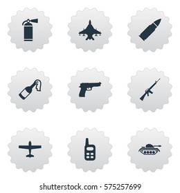 Set Of 9 Simple Battle Icons. Can Be Found Such Elements As Sky Force, Walkies, Ammunition And Other.