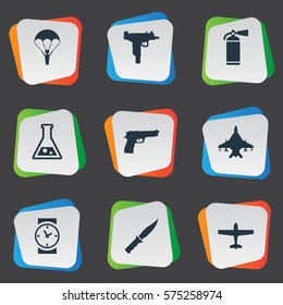 Set Of 9 Simple Battle Icons. Can Be Found Such Elements As Sky Force, Paratrooper, Cold Weapon And Other.