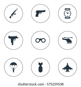 Set Of 9 Simple Battle Icons. Can Be Found Such Elements As Kalashnikov, Firearm, Field Glasses And Other.