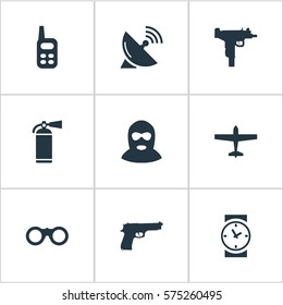 Set Of 9 Simple Battle Icons. Can Be Found Such Elements As Firearm, Extinguisher, Field Glasses And Other.