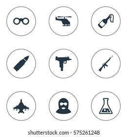 Set Of 9 Simple Battle Icons. Can Be Found Such Elements As Field Glasses, Sky Force, Terrorist And Other.