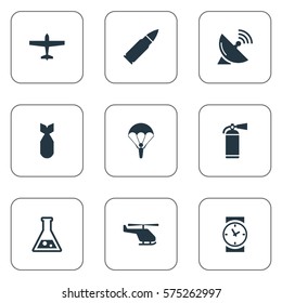 Set Of 9 Simple Battle Icons. Can Be Found Such Elements As Air Bomber, Extinguisher, Nuke And Other.