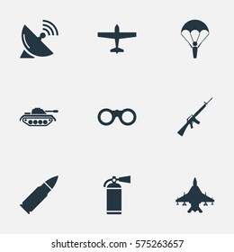 Set Of 9 Simple Battle Icons. Can Be Found Such Elements As Paratrooper, Air Bomber, Ammunition And Other.