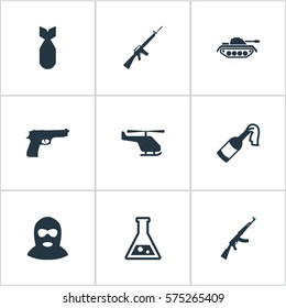 Set Of 9 Simple Battle Icons. Can Be Found Such Elements As Terrorist, Kalashnikov, Pistol And Other.