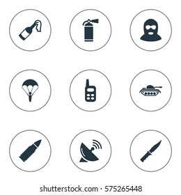 Set Of 9 Simple Battle Icons. Can Be Found Such Elements As Terrorist, Extinguisher, Molotov And Other.