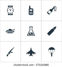 Set Of 9 Simple Battle Icons. Can Be Found Such Elements As Kalashnikov, Watch, Chemistry And Other.