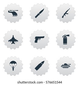 Set Of 9 Simple Battle Icons. Can Be Found Such Elements As Cold Weapon, Ammunition, Paratrooper And Other.