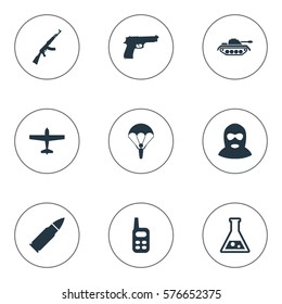 Set Of 9 Simple Battle Icons. Can Be Found Such Elements As Terrorist, Pistol, Heavy Weapon And Other.