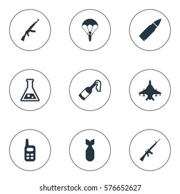 Set Of 9 Simple Battle Icons. Can Be Found Such Elements As Rifle Gun, Paratrooper, Kalashnikov And Other.