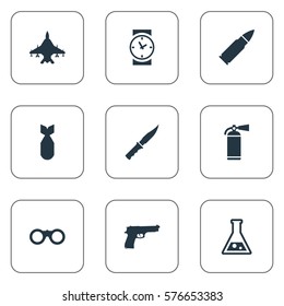 Set Of 9 Simple Battle Icons. Can Be Found Such Elements As Field Glasses, Ammunition, Extinguisher And Other.