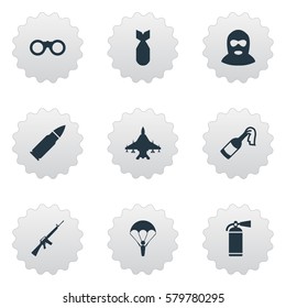 Set Of 9 Simple Battle Icons. Can Be Found Such Elements As Rifle Gun, Terrorist, Nuke And Other.