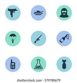 Set Of 9 Simple Battle Icons. Can Be Found Such Elements As Molotov, Walkies, Heavy Weapon And Other.