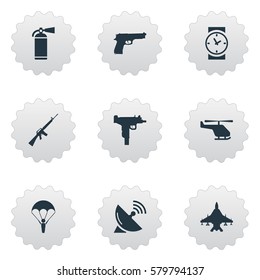 Set Of 9 Simple Battle Icons. Can Be Found Such Elements As Helicopter, Sky Force, Signal Receiver And Other.
