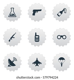Set Of 9 Simple Battle Icons. Can Be Found Such Elements As Molotov, Field Glasses, Pistol And Other.