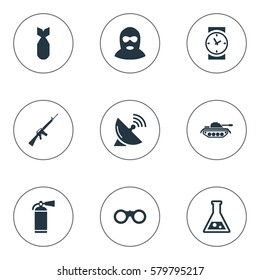 Set Of 9 Simple Battle Icons. Can Be Found Such Elements As Chemistry, Signal Receiver, Watch And Other.