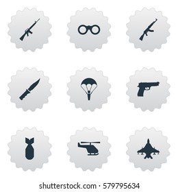 Set Of 9 Simple Battle Icons. Can Be Found Such Elements As Field Glasses, Helicopter, Rifle Gun And Other.