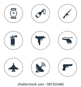 Set Of 9 Simple Battle Icons. Can Be Found Such Elements As Molotov, Extinguisher, Signal Receiver And Other.