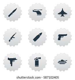 Set Of 9 Simple Battle Icons. Can Be Found Such Elements As Kalashnikov, Cold Weapon, Heavy Weapon And Other.