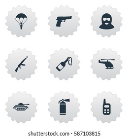 Set Of 9 Simple Battle Icons. Can Be Found Such Elements As Molotov, Paratrooper, Pistol And Other.
