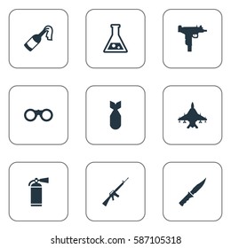 Set Of 9 Simple Battle Icons. Can Be Found Such Elements As Nuke, Chemistry, Extinguisher And Other.