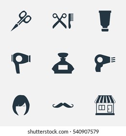 Set Of 9 Simple Beautician Icons. Can Be Found Such Elements As Hair, Drying Machine, Scent And Other.