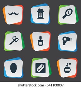 Set Of 9 Simple Beautician Icons. Can Be Found Such Elements As Cut Tool, Human, Whiskers And Other.
