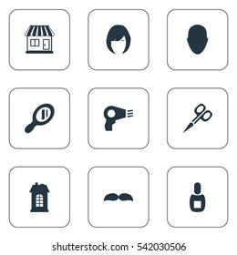 Set Of 9 Simple Beautician Icons. Can Be Found Such Elements As Flask, Hair, Human And Other.