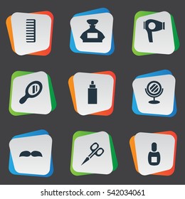 Set Of 9 Simple Beautician Icons. Can Be Found Such Elements As Scent, Peeper, Beard And Other.
