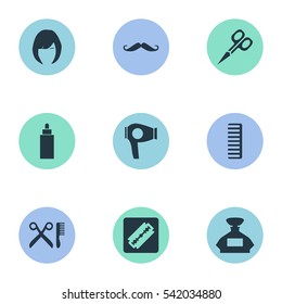 Set Of 9 Simple Beautician Icons. Can Be Found Such Elements As Hair, Scent, Shaver And Other.