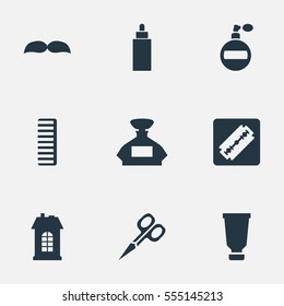 Set Of 9 Simple Beautician Icons. Can Be Found Such Elements As Hackle, Aroma, Beard And Other.