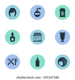 Set Of 9 Simple Beautician Icons. Can Be Found Such Elements As Aroma, Hair, Flask And Other.